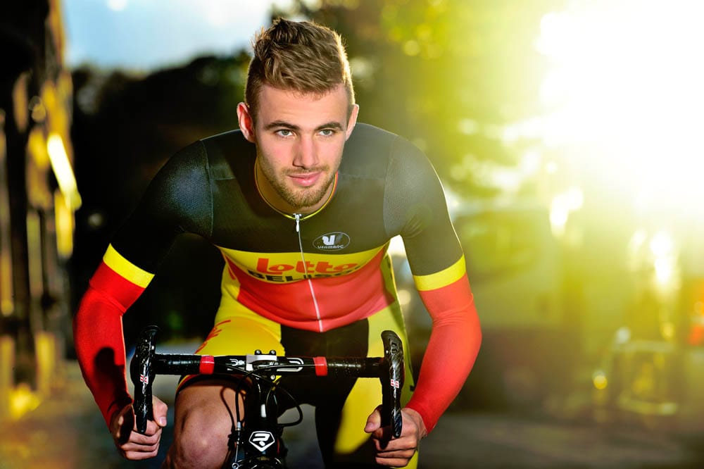 Portrait of cyclist Victor Campenaerts in Lotto Cycling team colours
