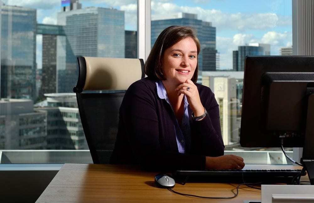 Corporate portrait of Stéphanie Pecher of BNP Paribas Fortis photographed in a bank office